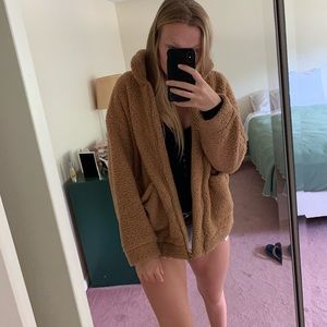 Oversized fuzzy brown coat